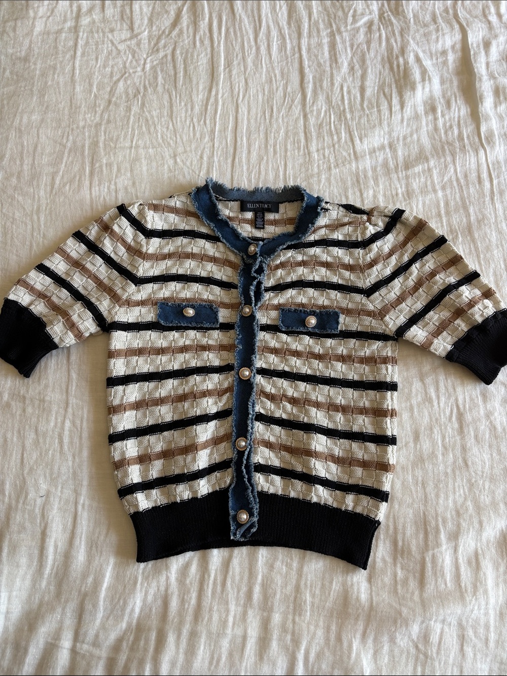Ellen Tracy Cream, Black & Tan Striped Textured Cardigan with Pearl Buttons